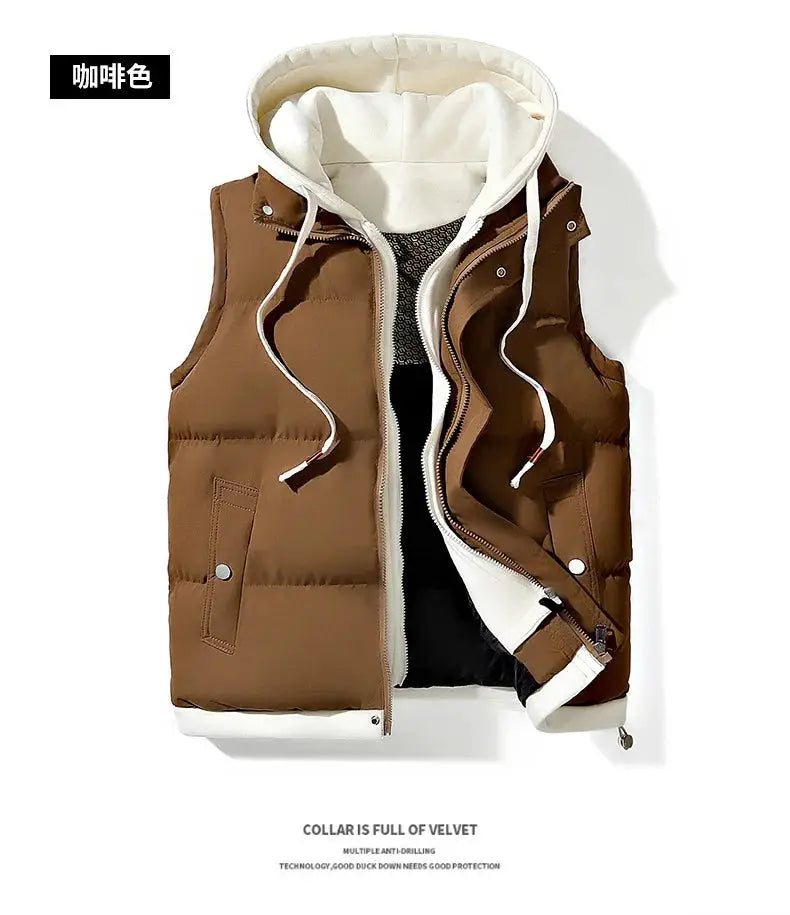 Brown sleeveless hooded puffer vest for men with white hood lining, windproof zip front and side pockets.