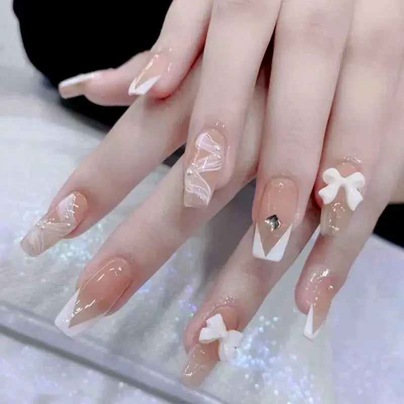 LuxeNail Blush Pink False Nails Bowknot Diamond Pearl Design Press On Nail Tips Harmless Smooth Edge Safe DIY Mani
