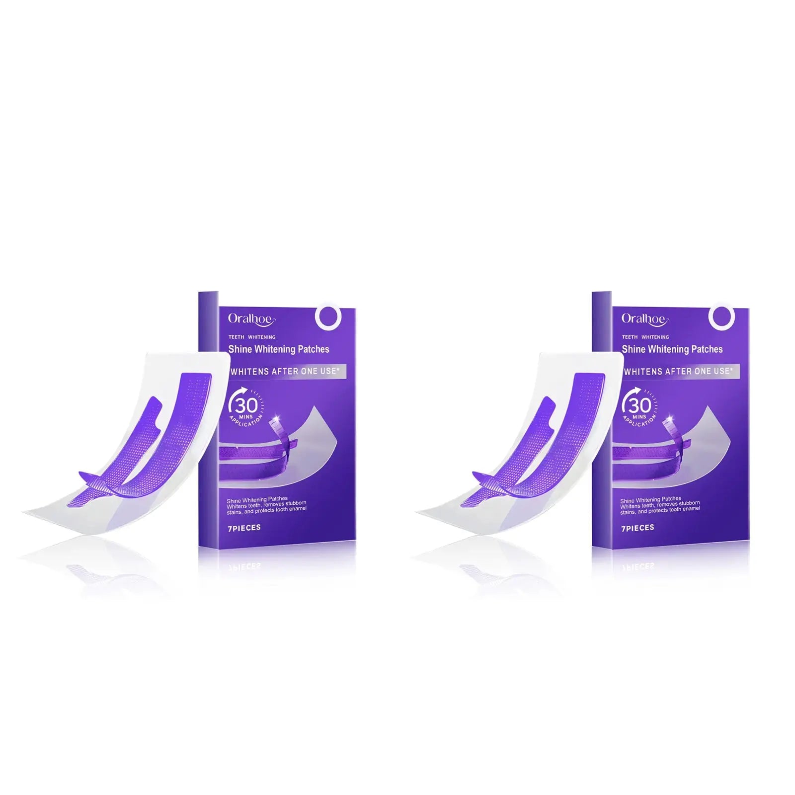 Shine Whitening Patches in two purple boxes with white applicator strips