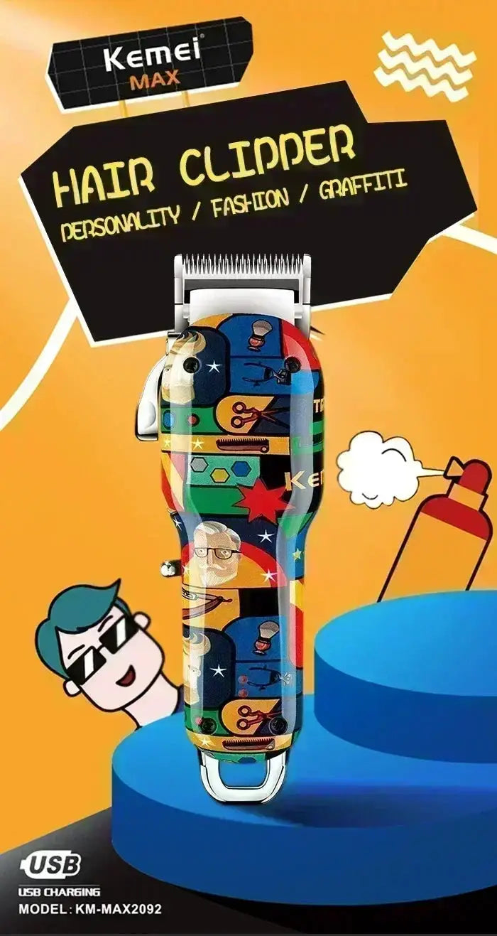 Kemei multicolor graffiti-pattern electric hair clipper, rechargeable USB charging, by Simples Market