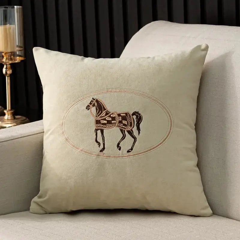 Cushion cover hand-embroidered with horse pattern on cream fabric, 45x45cm, Simples Market