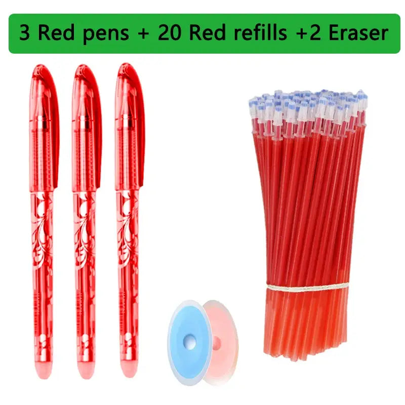 Kawaii erasable gel pen set from Simples Market; includes 3 red pens, 20 red refills, and 2 erasers