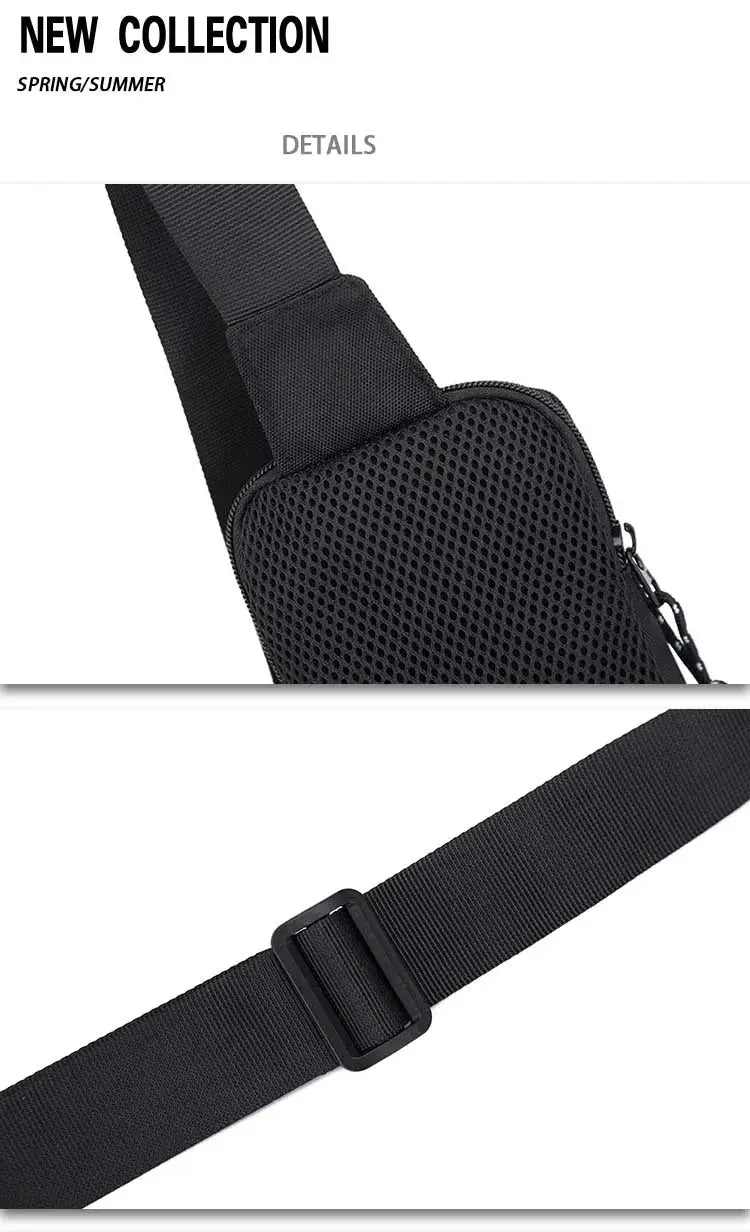 Crossbody bag by Simples Market in black with adjustable strap and perforated mesh front panel