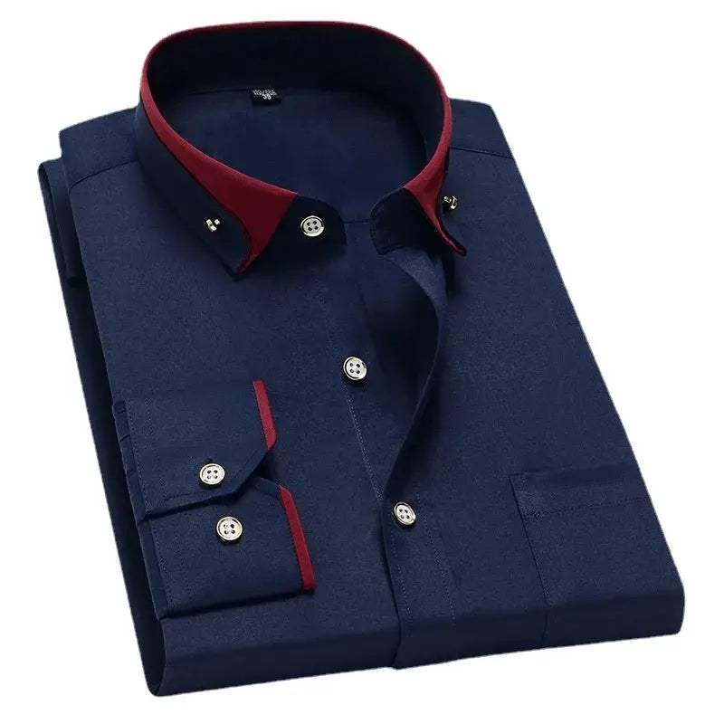 Men's navy dress shirt by Simples Market with red collar and cuffs, button-down with pocket