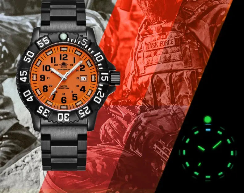 Addies men's military watch with orange dial and stainless steel strap