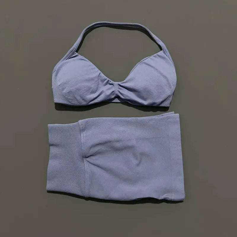 Histello 2 Piece Women Yoga Set Strappy Bra Top Scrunch Shorts
