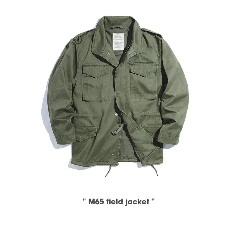M65 field jacket for men in olive green, military-style windbreaker with lapel collar and front pockets.