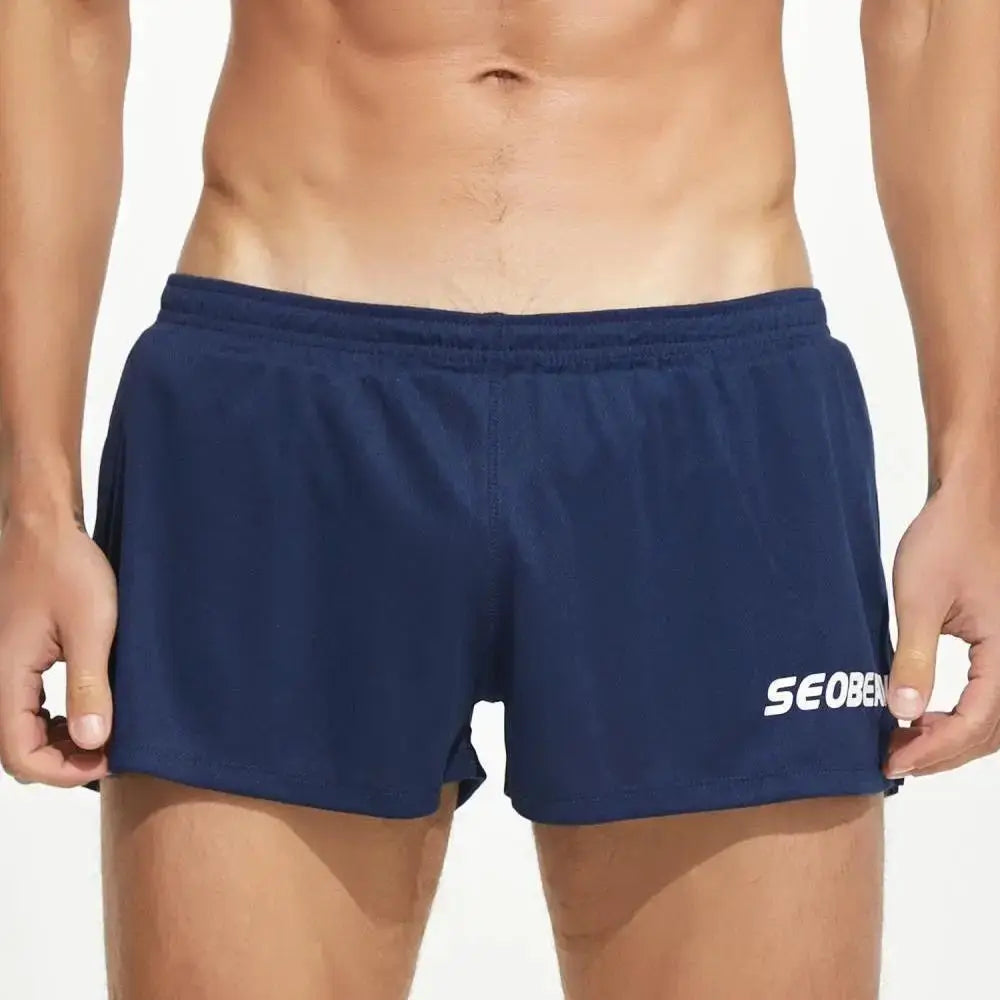 SEOBEAN navy men's shorts with elastic waistband and logo on leg