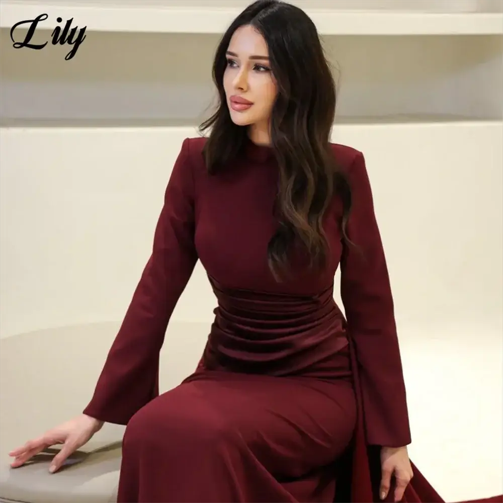 Lily Burgundy Satin Mermaid Prom Dress With High Neck Sleeves Dubai