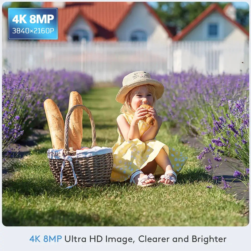 Simples Market Ctronics 4K 8MP outdoor surveillance camera banner; girl with bread basket in a lavender garden.