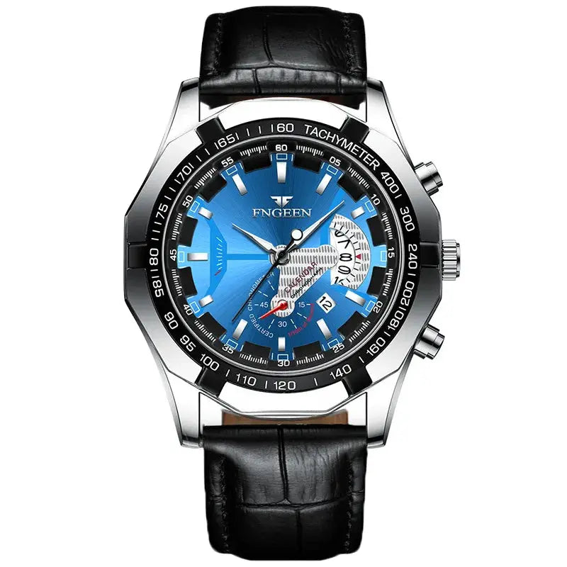 FNGEEN men's stainless steel quartz watch with blue dial, black leather strap and tachymeter bezel
