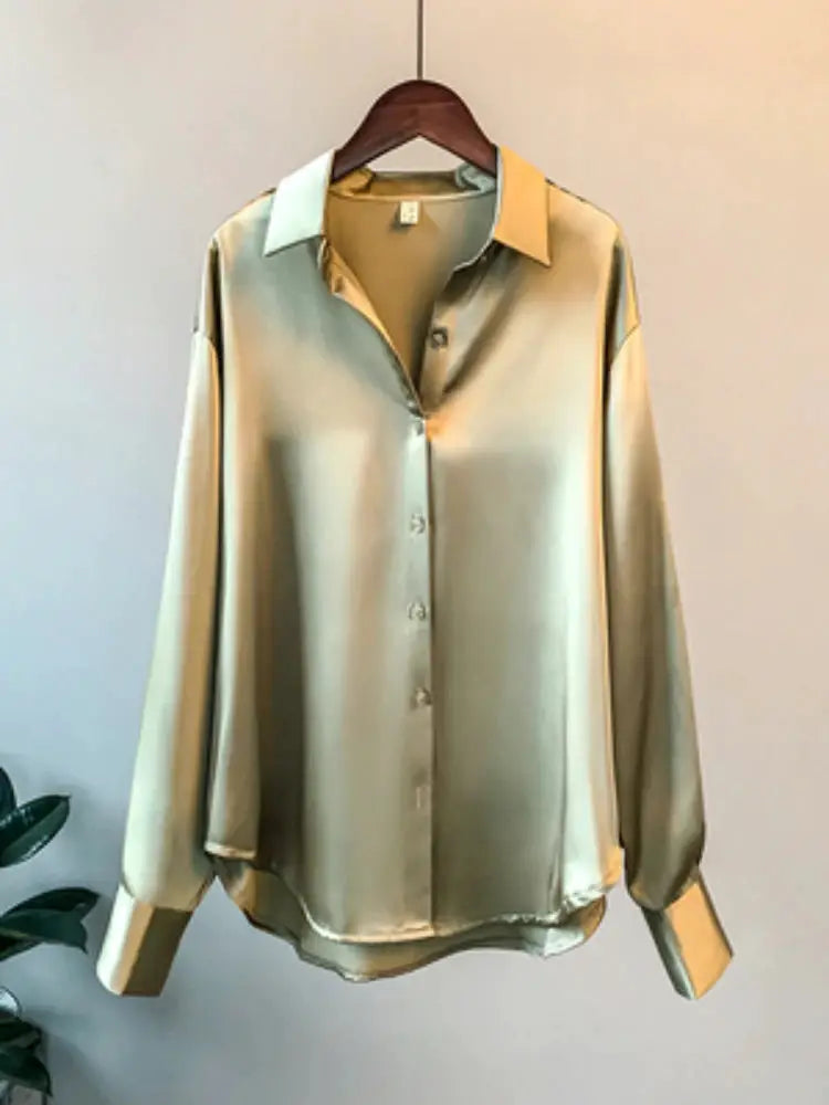 Office Lady Satin Long Sleeve Blouse With Elegant Korean Style Luxury For Professional Office Wear
