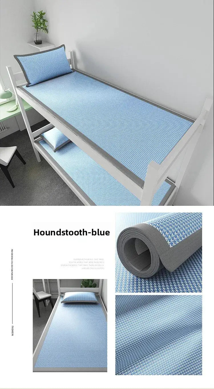 1 Piece Ice Silk Sleeping Mat, blue houndstooth jacquard cooling pad with breathable nonwoven cover for dorm beds