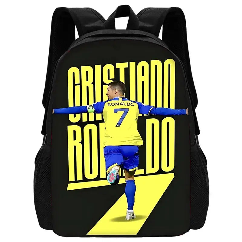 Simples Market CR7 Ronaldo kids' backpack in black with bold yellow front design and side mesh pockets