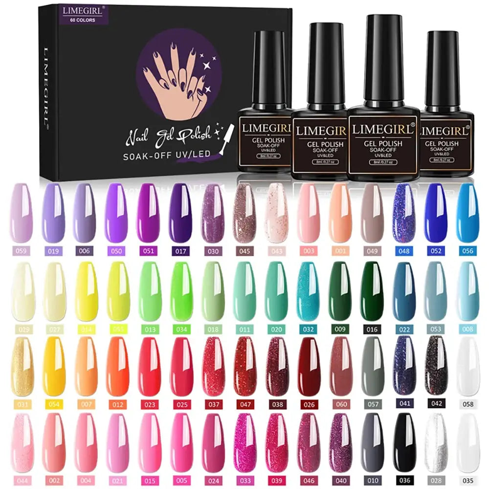 Limegirl Gel Nail Polish Set by Simples Market, 60 colors with 4 bottles of UV/LED soak-off gel polishes.