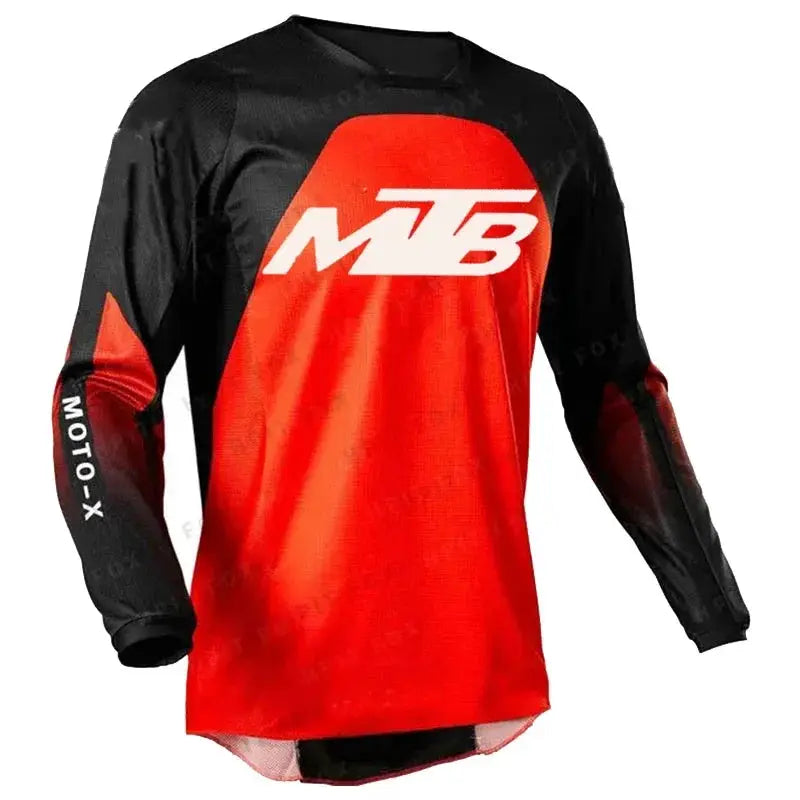 Motocross MTB jersey, long-sleeve, red and black color-block design with large white MTB graphic