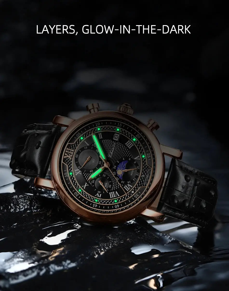 Chenxi 976 leather chronograph watch with rose-gold case, black dial, roman numerals, moon phase, green luminous hands