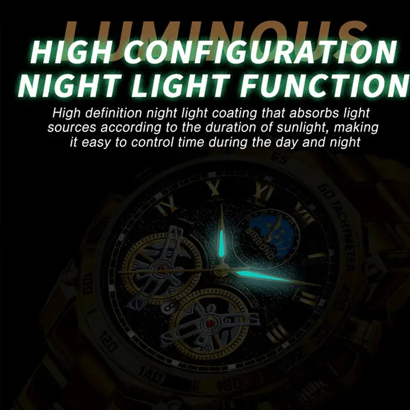Binbond luxury men's quartz watch with decorative dial and teal luminous hands