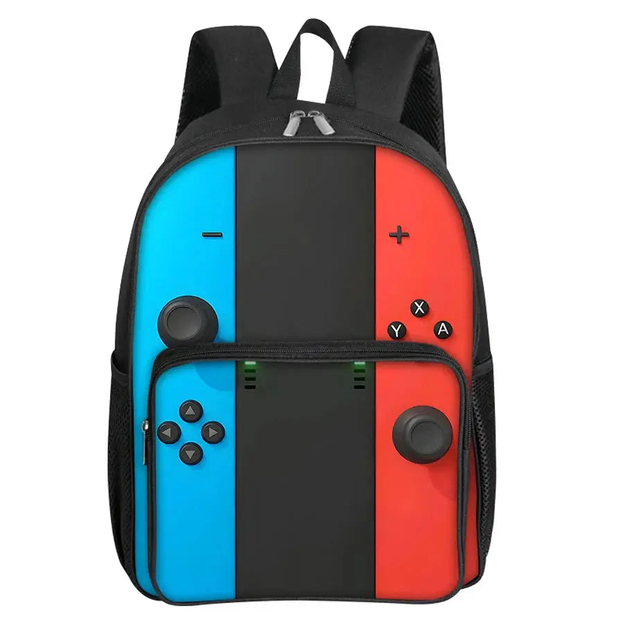 Backpack with GamePad pattern; blue left panel, red right panel, square front pocket for kids