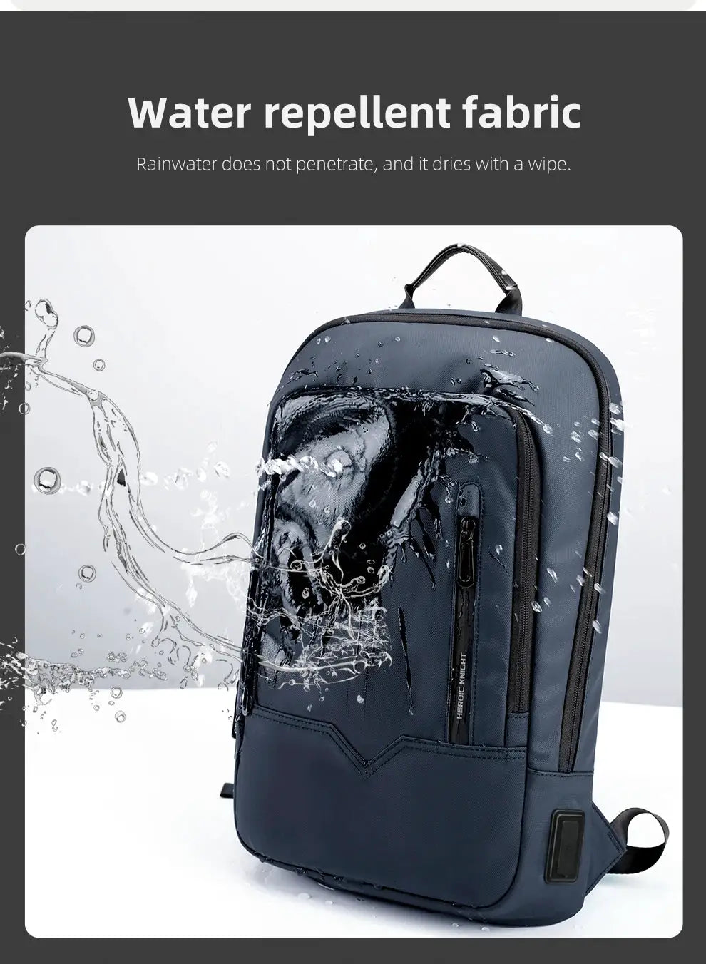 HK Slim Backpack for Men by Simples Market, navy waterproof 15.6-inch laptop bag with USB charging