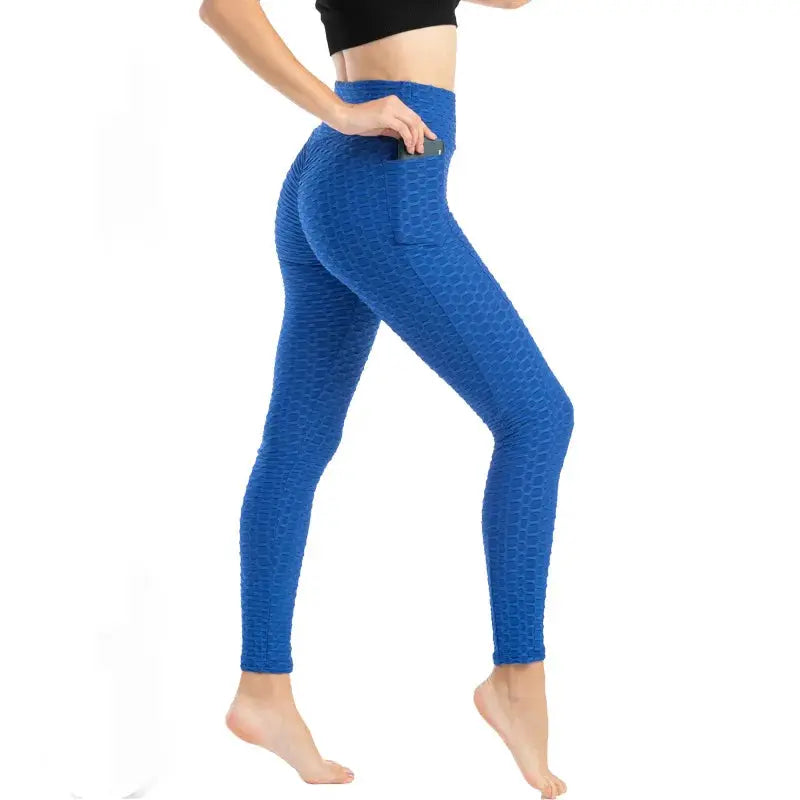 Women’s blue pocket bubble leggings, high-waist, textured stretch fabric for gym, running, yoga and cycling