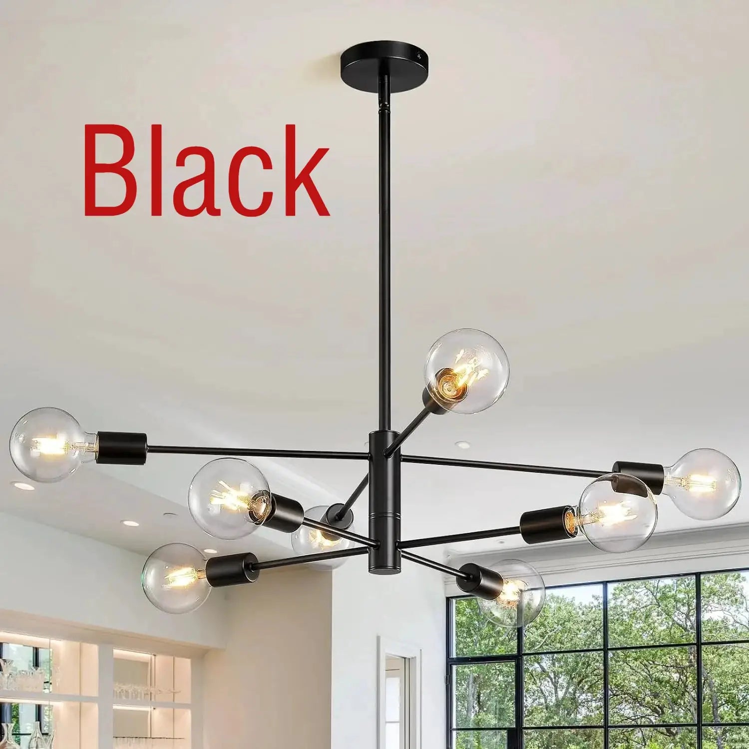 Simples Market Nordic LED chandelier, black Sputnik-style pendant with multiple arms and clear glass bulbs