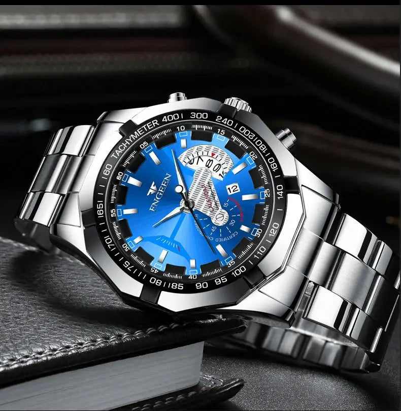 BINBOND men's quartz wristwatch with stainless steel band, blue dial, luminous hands, tachymeter bezel