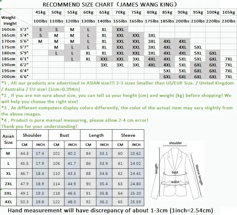 Simples Market men's down jacket size chart with Asian sizes and bust/length measurements plus jacket diagram