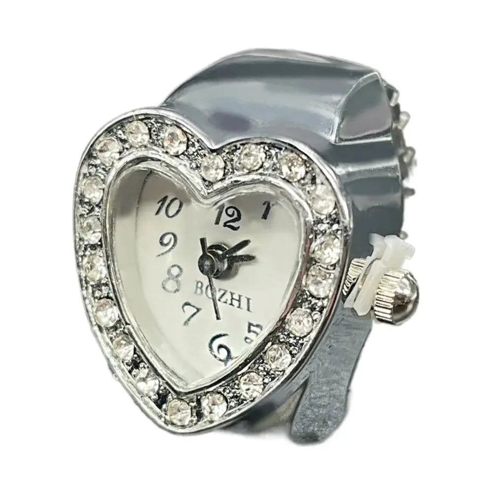 RetroPulse Heart Ring Watch With Adjustable Elastic Strap For Finger Sizes And Vintage Punk Roman Quartz Movement