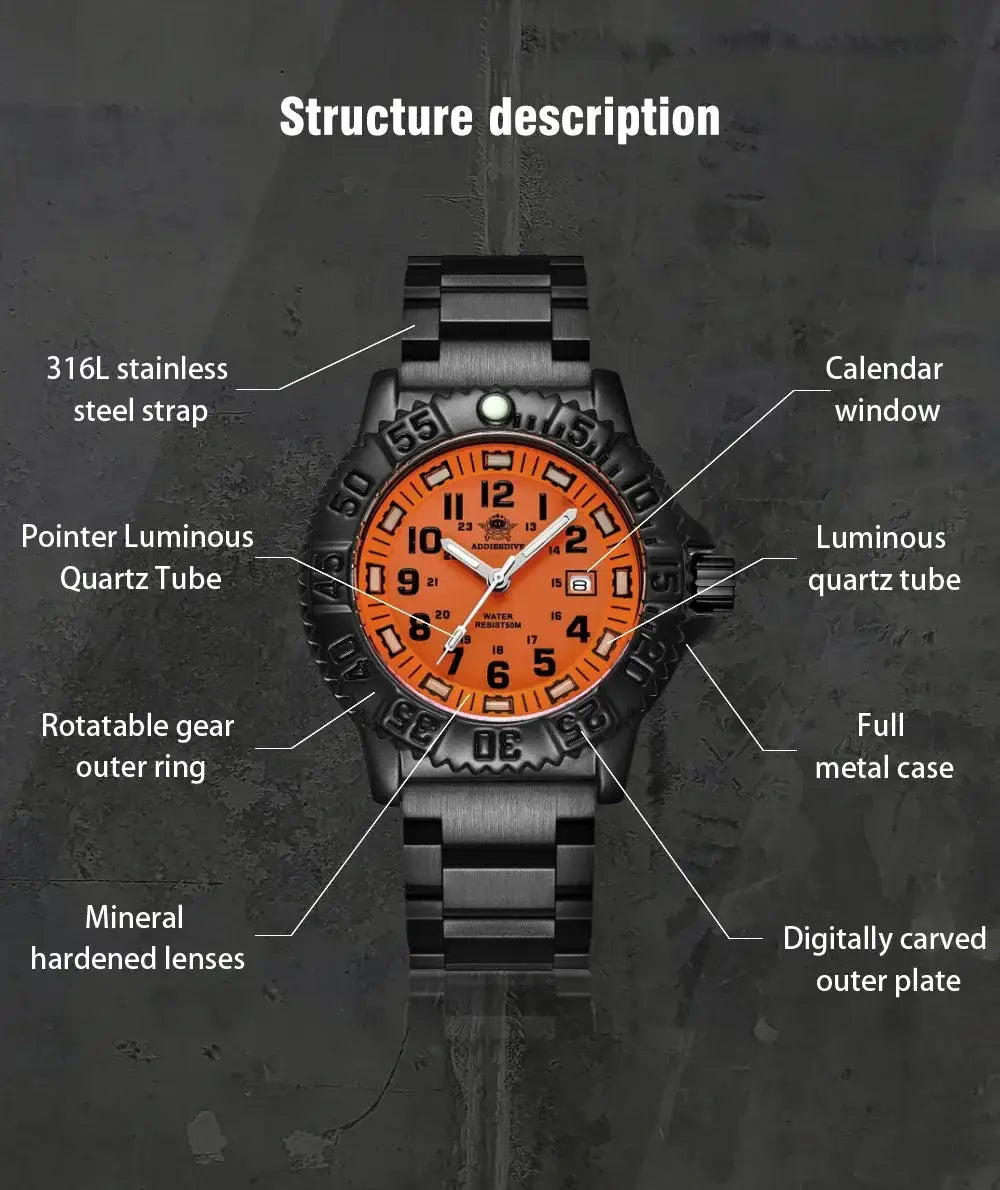 ADDIESDIVE luxury men's quartz watch with orange dial, black bezel, stainless steel strap, 50m water resistant
