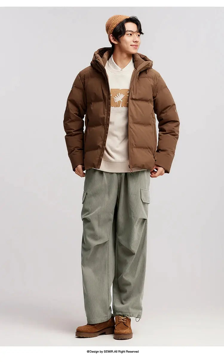Semir men's brown down jacket puffer with hood, waterproof outerwear by Simples Market.