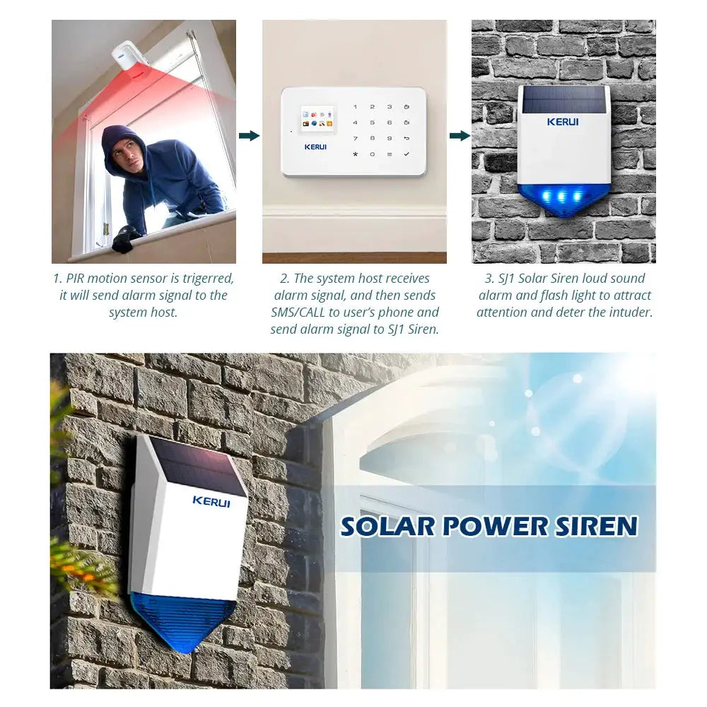 KERUI solar siren panel for outdoor alarm systems, white device with solar top panel and blue LED beacon.