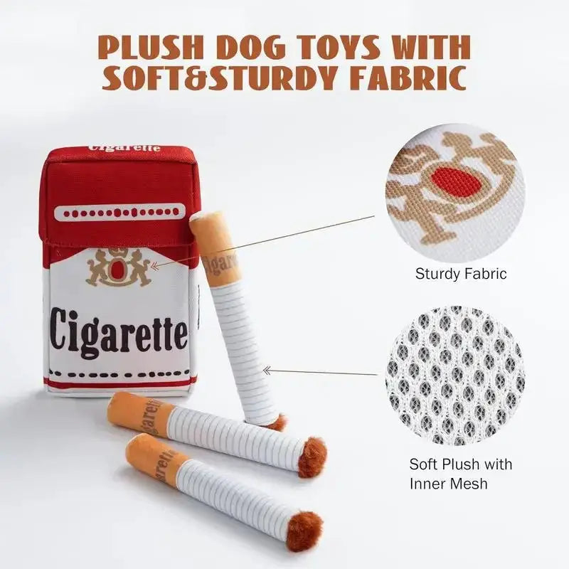 Simples Market cigarette-design plush dog toy set with 3 giggling chew sticks, soft fabric and inner mesh