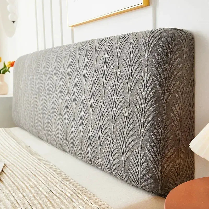 Jacquard bed headboard cover in solid gray with leaf pattern; elastic backrest slipcover for bedroom