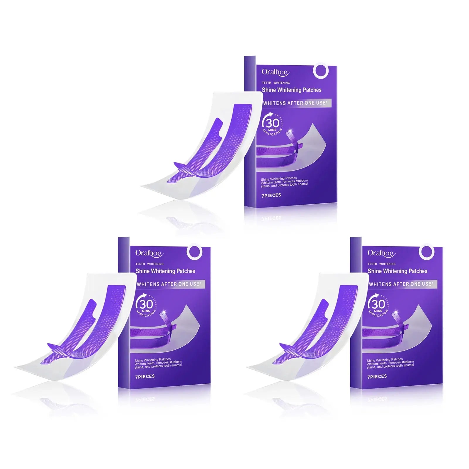 Oralhoe Shine Whitening Patches kit; purple packaging, 7 pieces, multiple boxes shown.