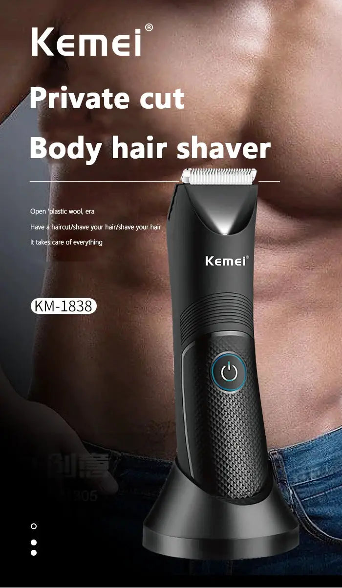 Kemei KM-1838 body hair trimmer with blue power button and charging stand