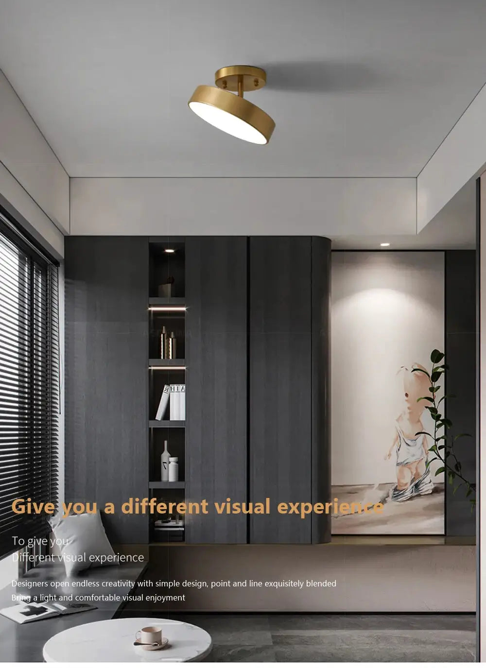 Simples Market modern LED ceiling light, copper-gold circular fixture for living room