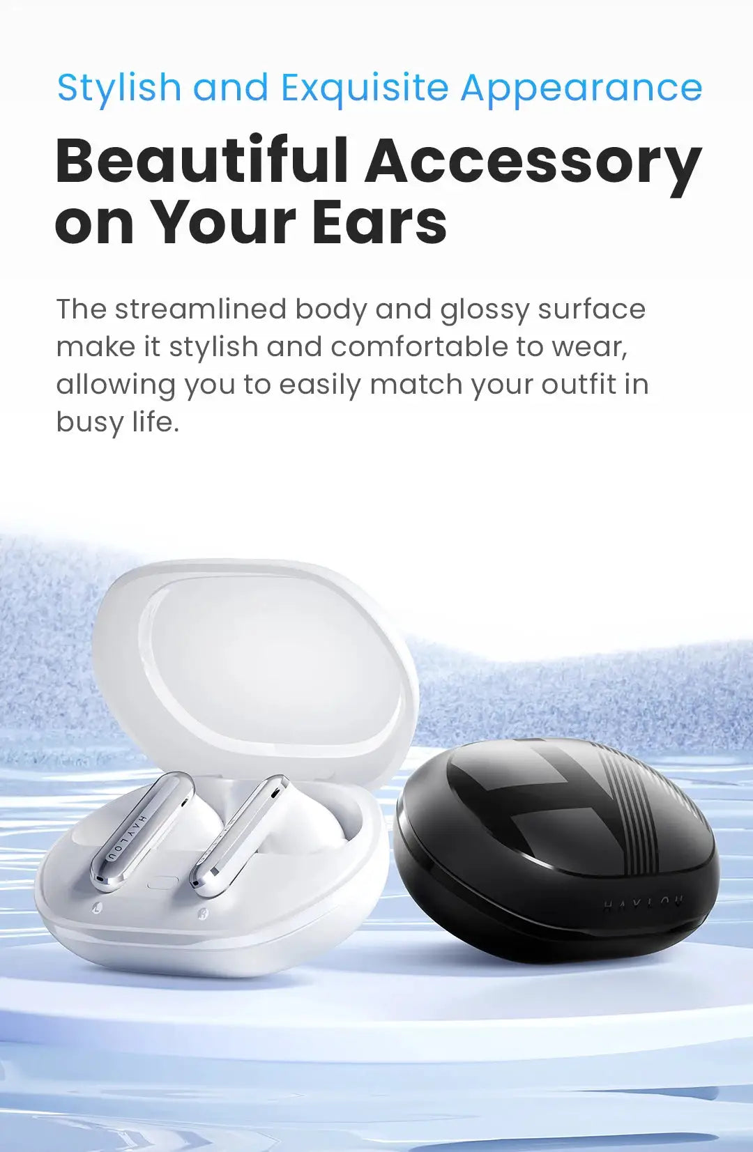 HAYLOU Mori Pro Bluetooth earphones with open white charging case and black case (two cases), Simples Market