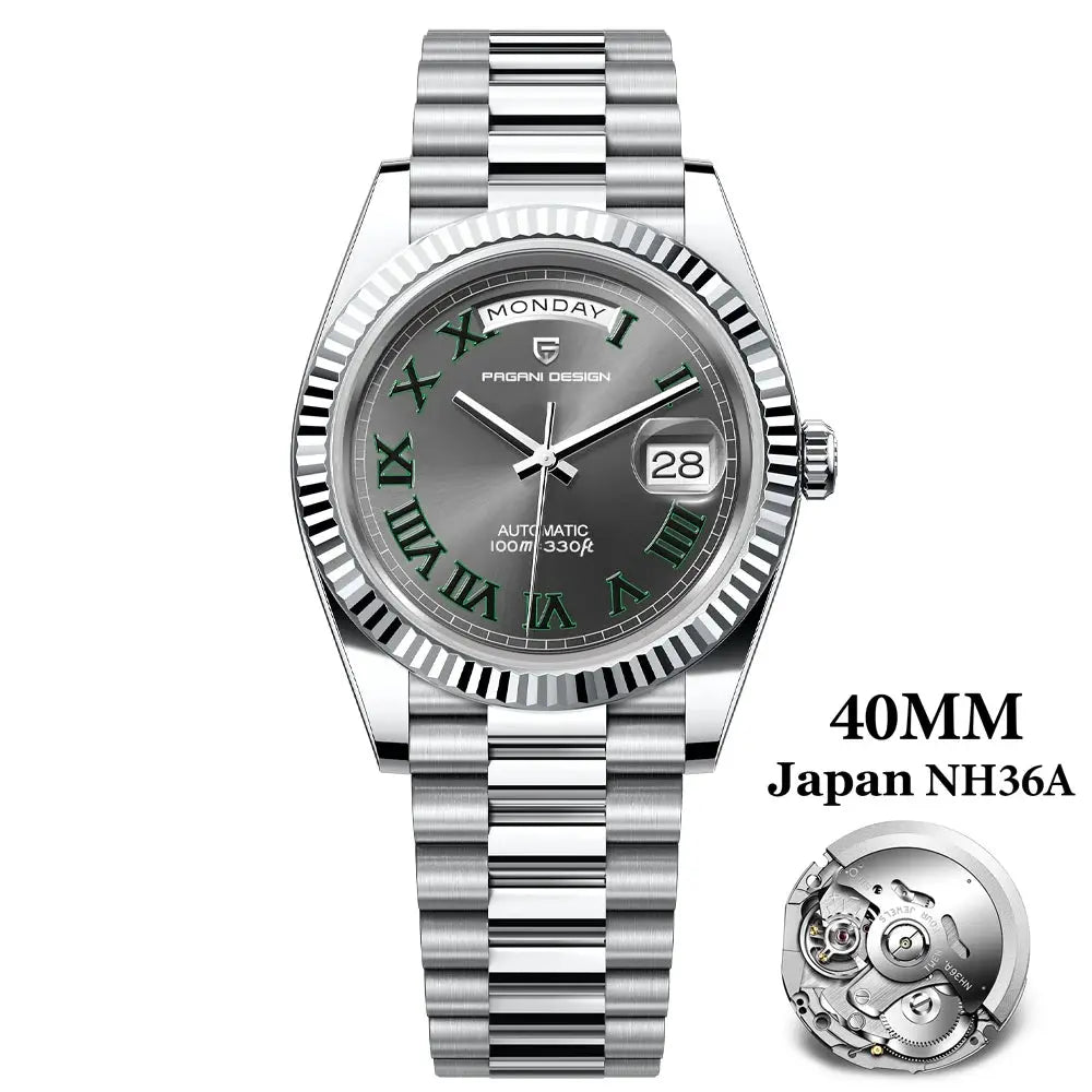 PAGANI DESIGN stainless steel 40mm NH36A automatic men's watch with day/date display and green Roman numerals.