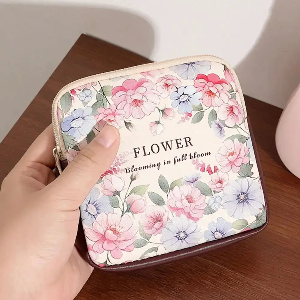 Creative PVC Floral Print Large Capacity Multipurpose Storage Bag For Sanitary Pads Coins And Cosmetics