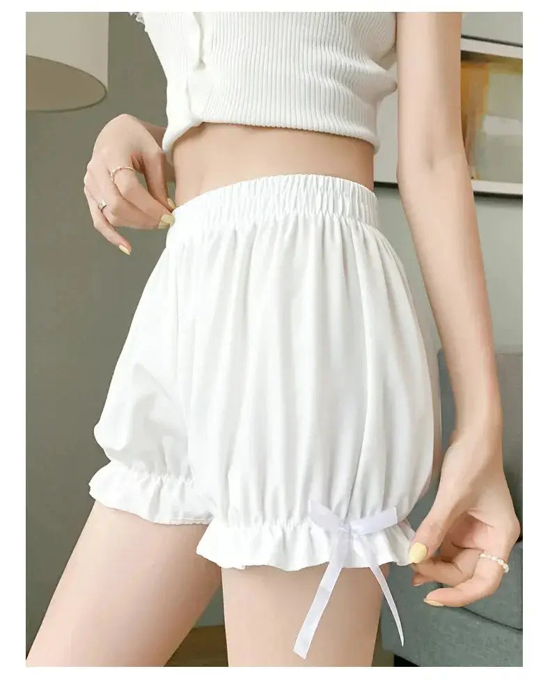 Women lace short panty bloomers in white imitation silk with ruffle hem and bow by Simples Market