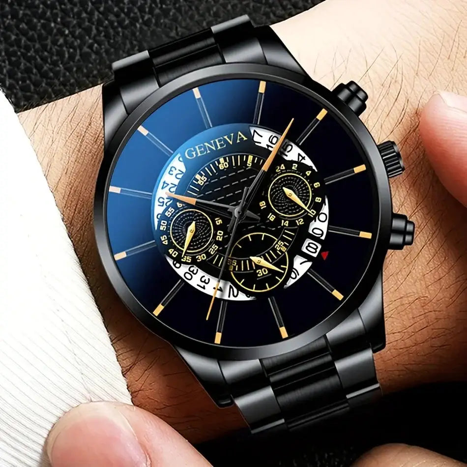 NovaTime Mens Quartz Watch Set 3Pc Stainless Steel Strap Circular Dial Date Function Electronic Drive