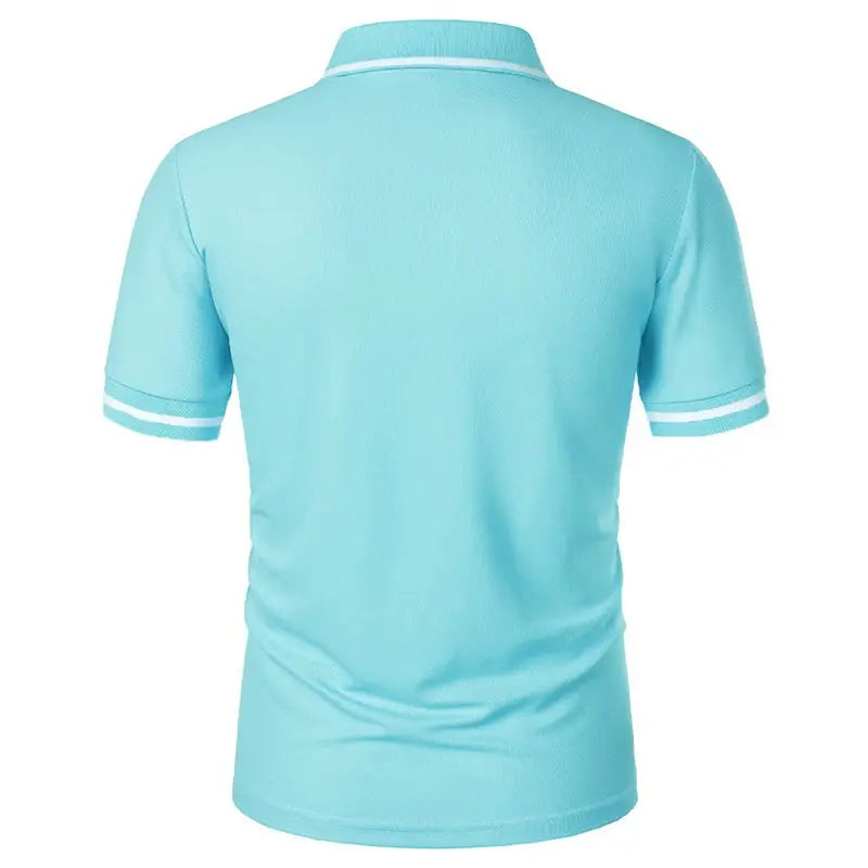 Light blue men's short-sleeve polo shirt with white trim on collar and cuffs, back view