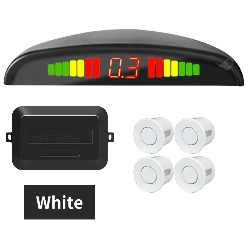 Hippcron car LED parking sensor kit with 4 white sensors and black control module featuring LED display