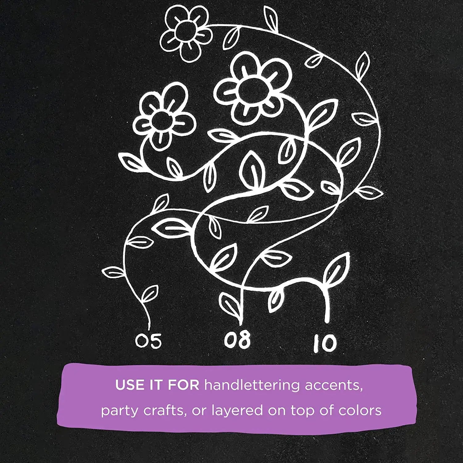 Sakura Gelly Roll white ink gel pens for journaling and art, shown with chalkboard floral doodle