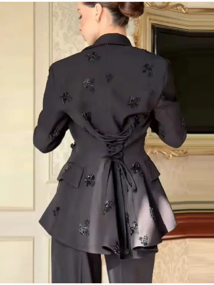 Beading A-line blazer jacket pant set, black with floral beadwork, lace-up cinched waist, peplum flare