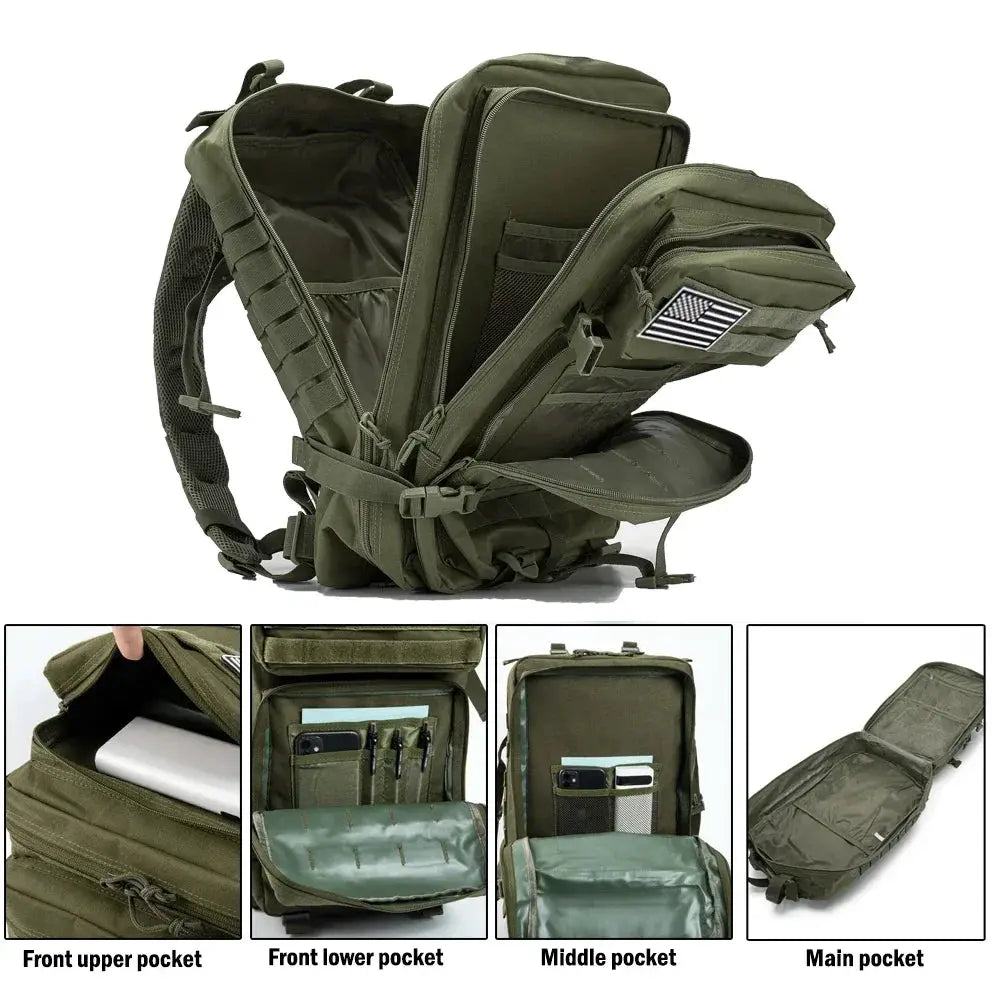 45L tactical backpack in olive green with US flag patch and multiple front pockets for hiking and camping.