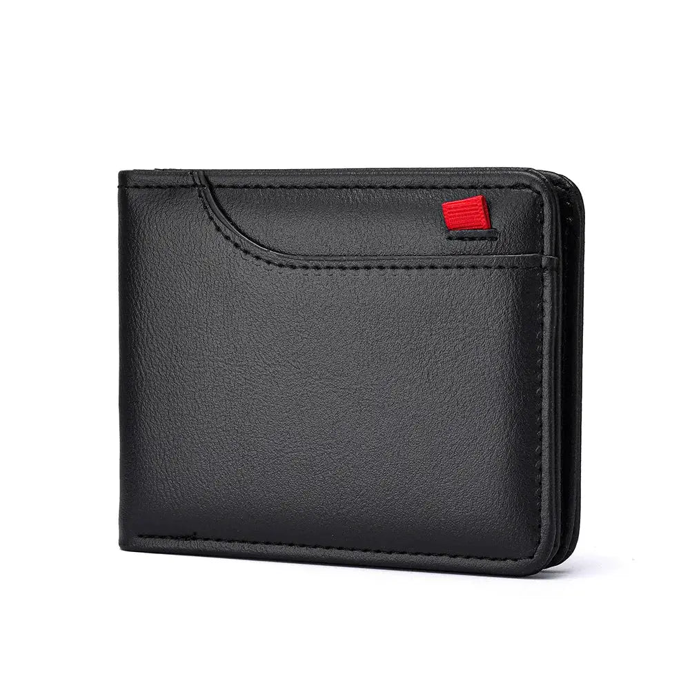 Men's vertical card wallet, black leather with red pull-tab, compact multi-card design.