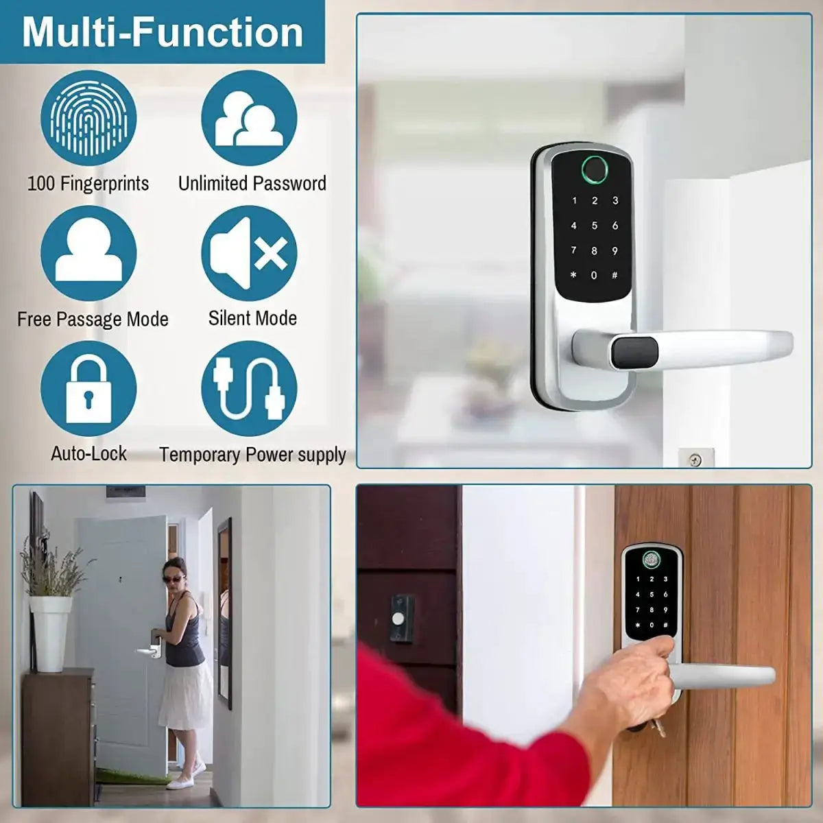 Simples Market WiFi smart door lock with biometric fingerprint, keypad, password, USB emergency charger.
