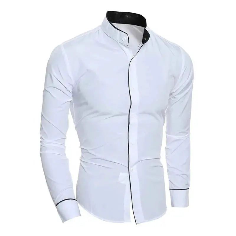 Men's slim-fit white long-sleeve shirt with black piping, Simples Market